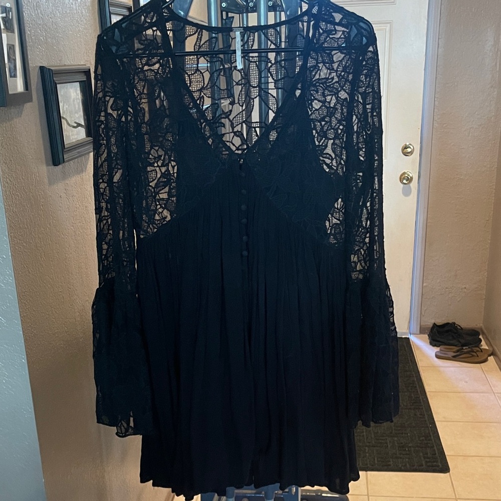 Free People Black Lace Long Sleeve Mini Dress